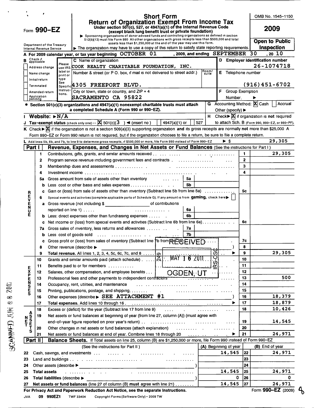 Image of first page of 2009 Form 990EZ for Cook Realty Charitable Foundation