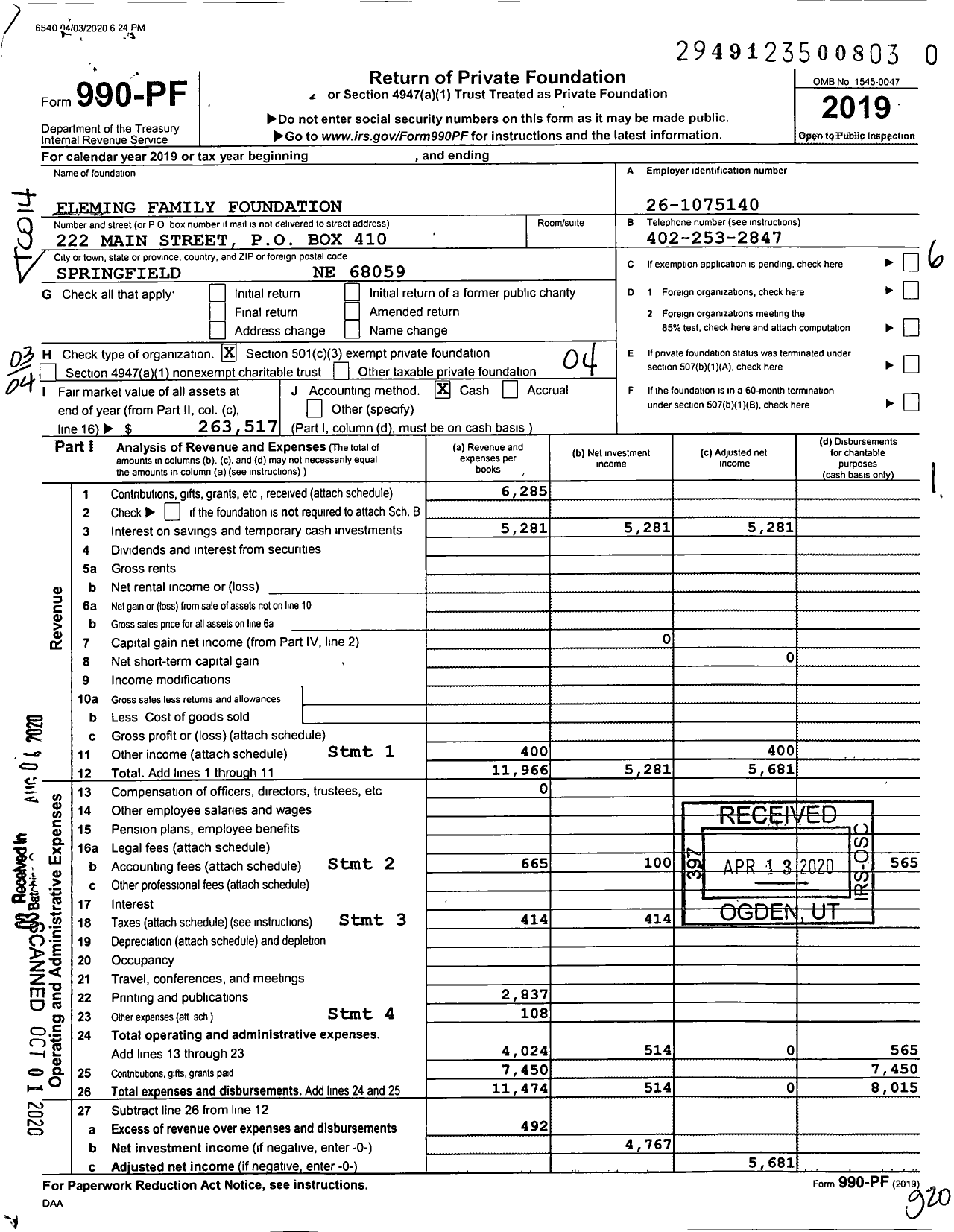 Image of first page of 2019 Form 990PR for Fleming Family Foundation