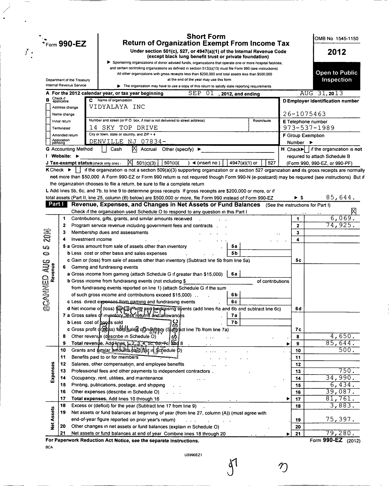 Image of first page of 2012 Form 990EZ for Vidyalaya