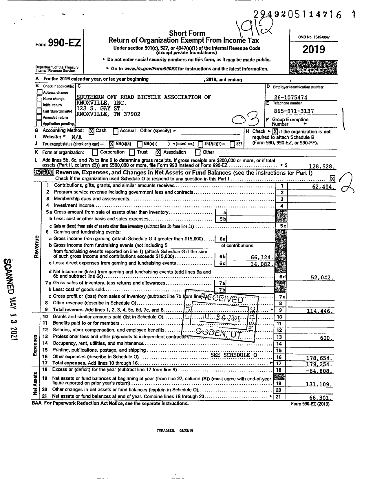 Image of first page of 2019 Form 990EZ for Southern Off Road Bicycle Association of Knoxville