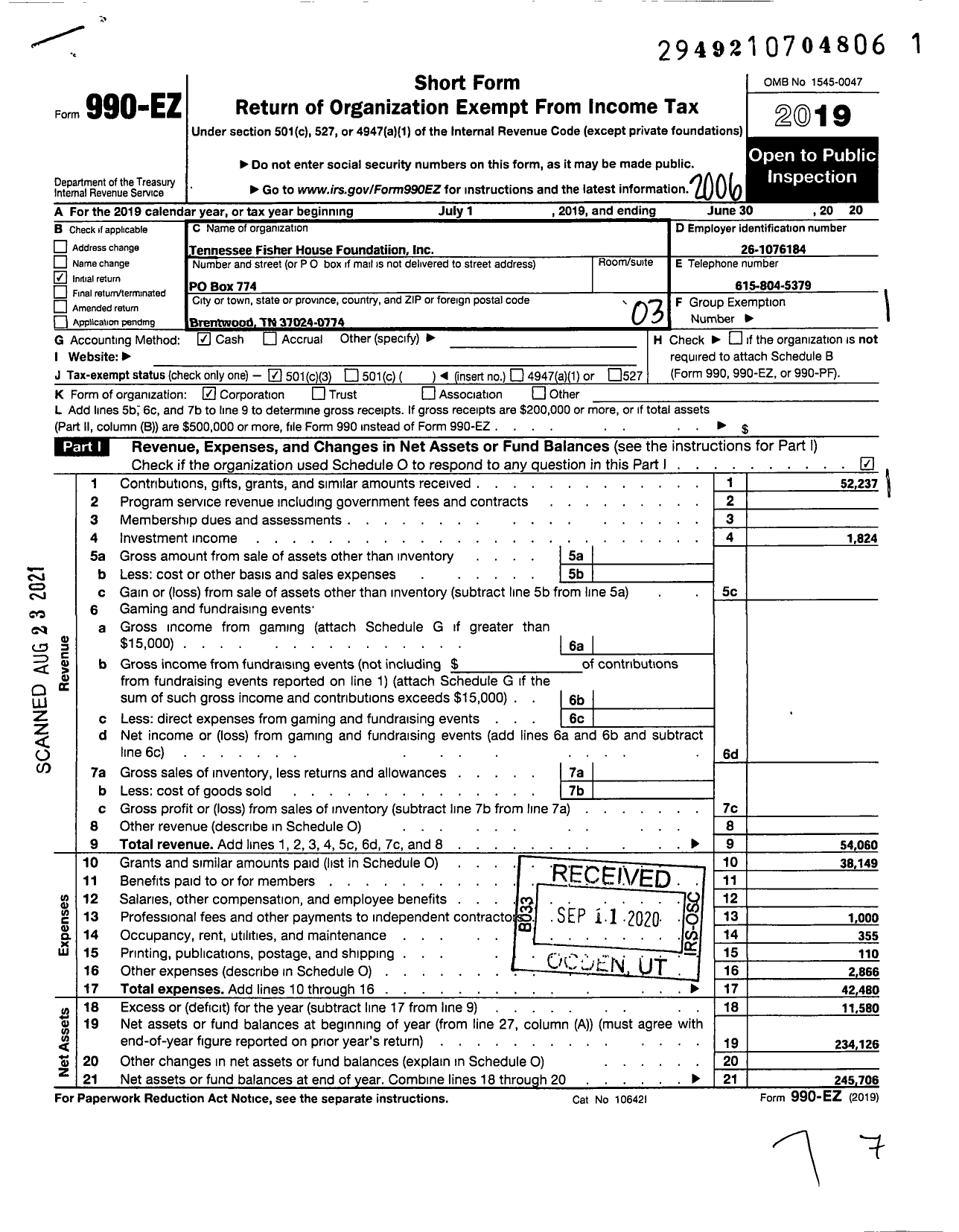 Image of first page of 2019 Form 990EZ for Tennessee Fisher House Foundation