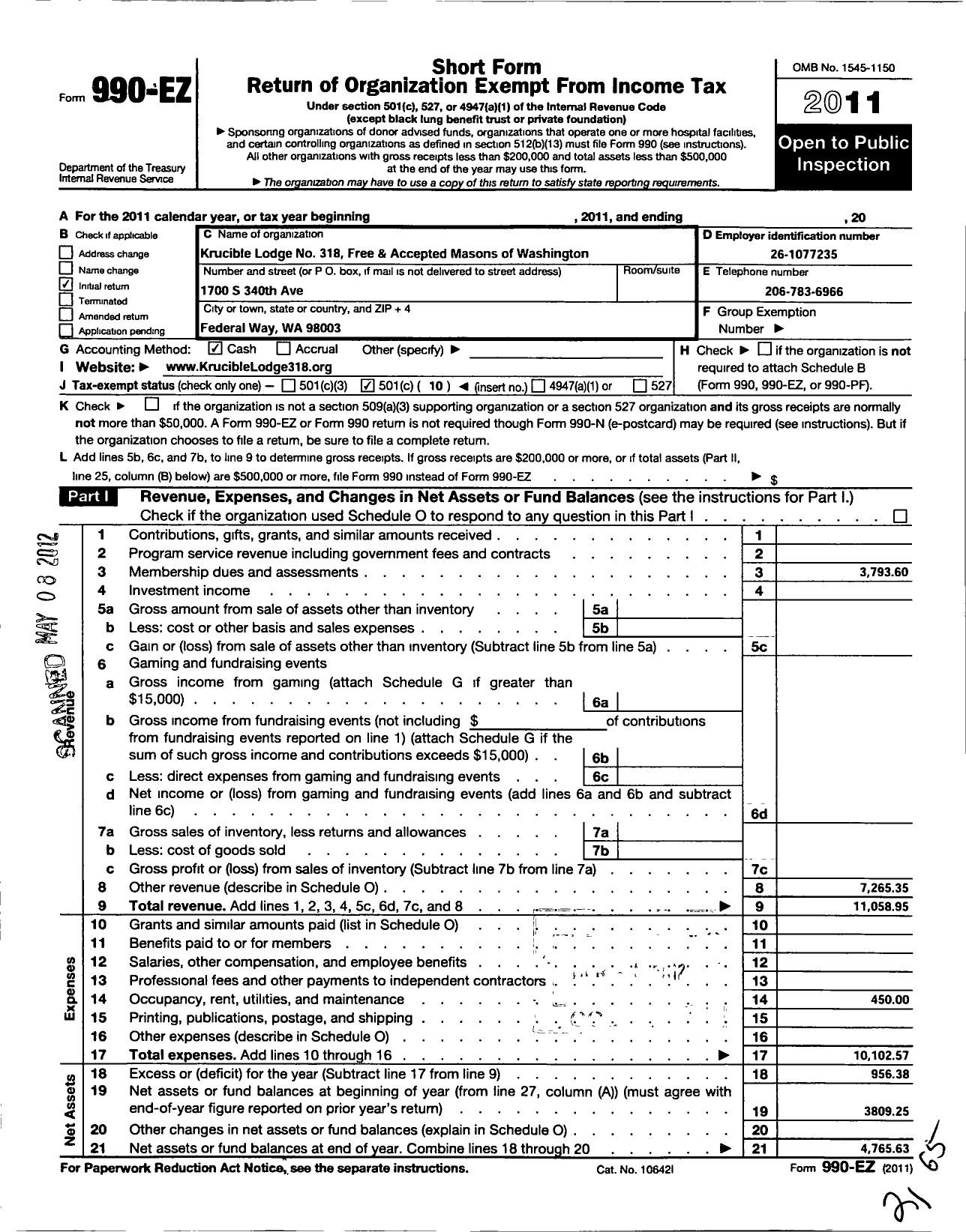 Image of first page of 2011 Form 990EO for Free and Accepted Masons of Washington - 318 Krucible