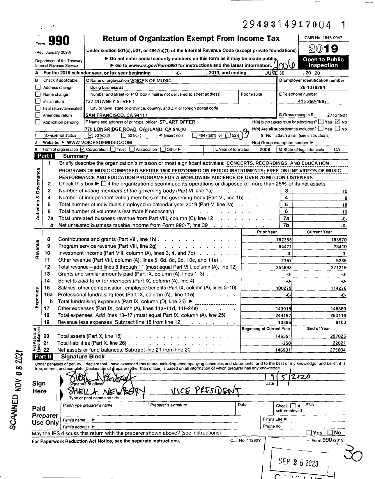 Image of first page of 2019 Form 990 for Voices of Music