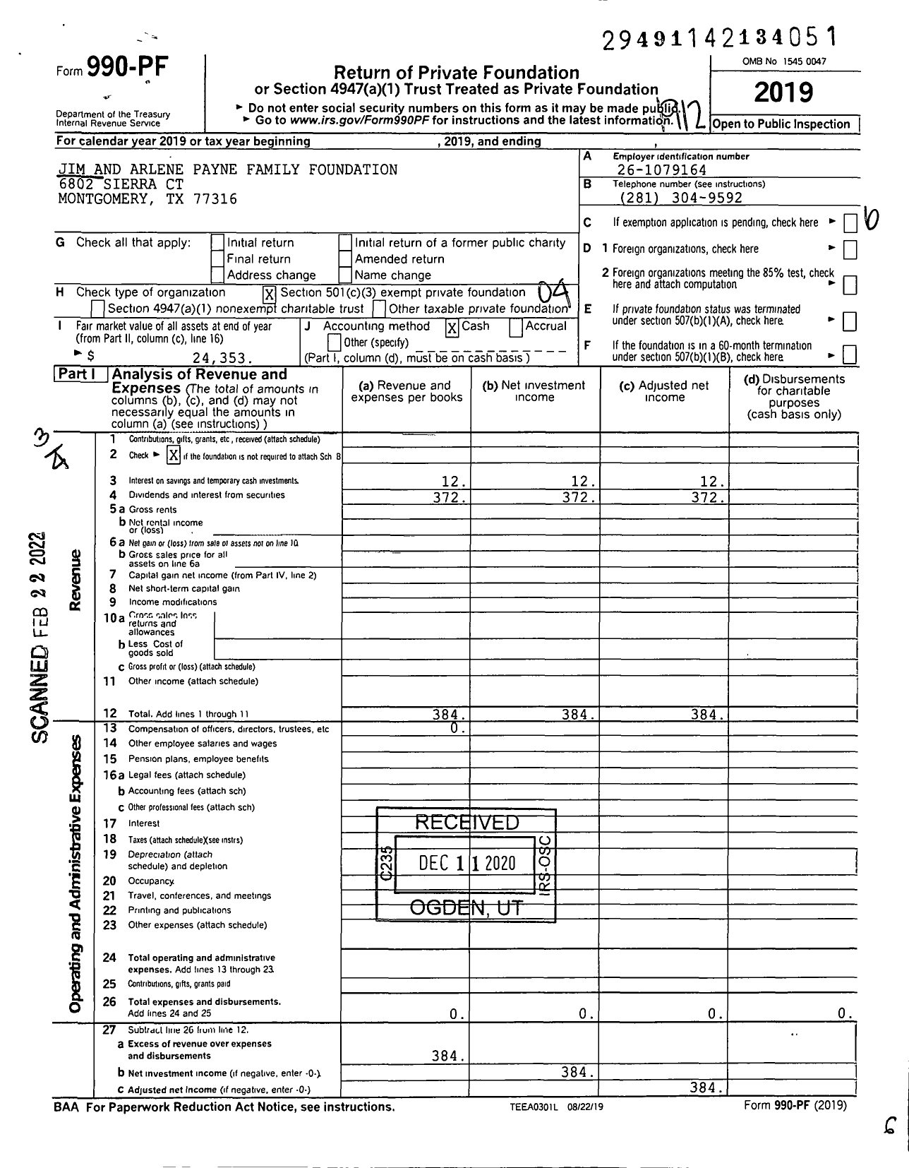 Image of first page of 2019 Form 990PF for Jim and Arlene Payne Family Foundation