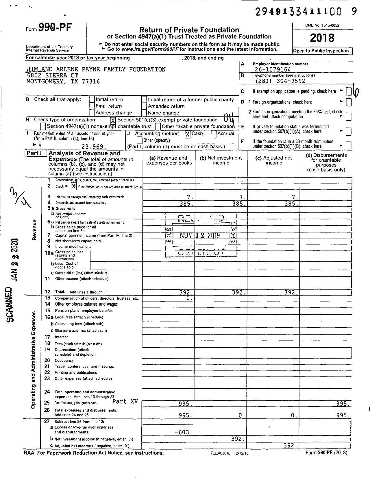 Image of first page of 2018 Form 990PF for Jim and Arlene Payne Family Foundation