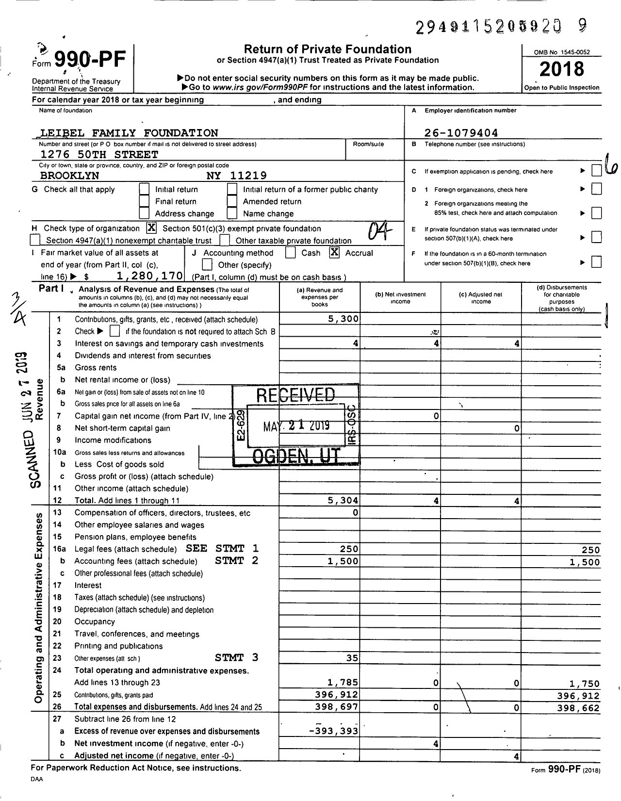 Image of first page of 2018 Form 990PF for Leibel Family Foundation