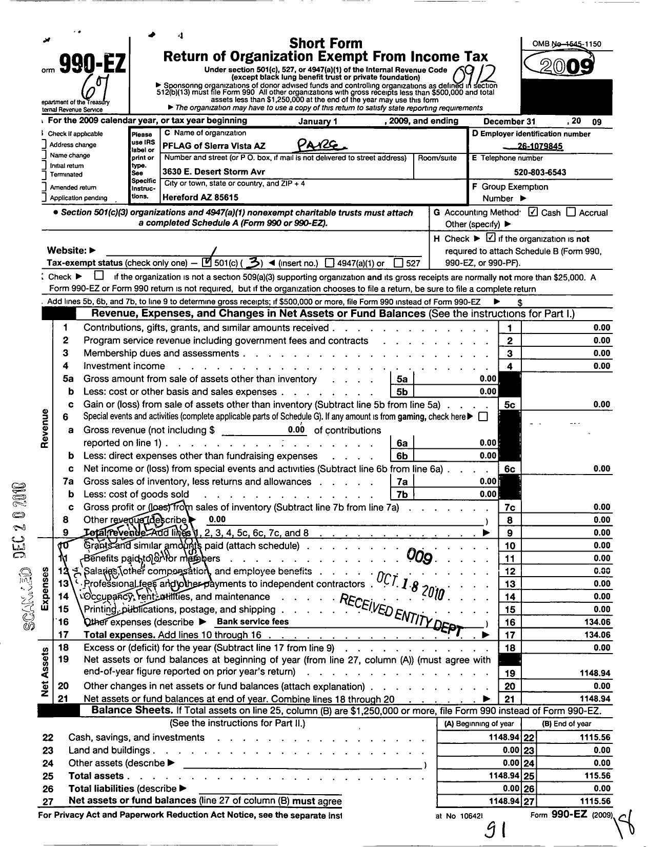 Image of first page of 2009 Form 990EZ for Pflag Sierra Vista