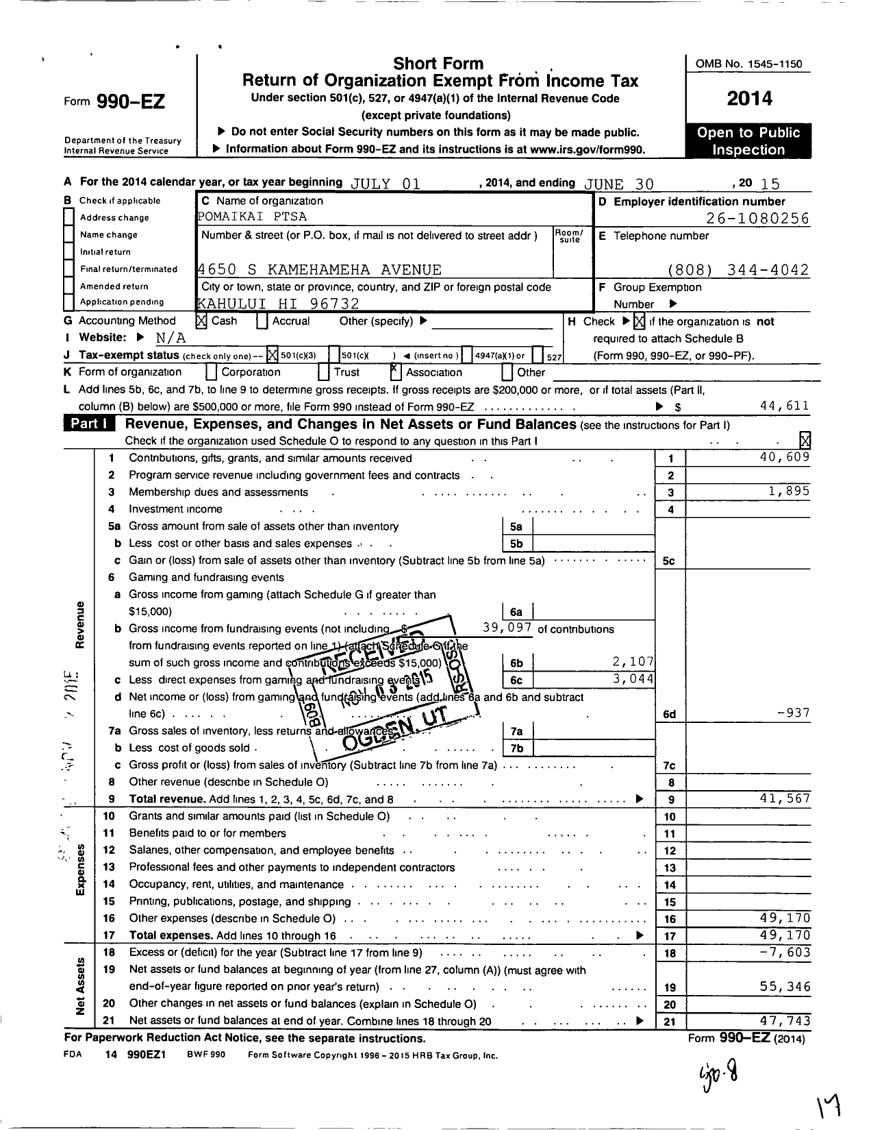 Image of first page of 2014 Form 990EZ for PTA Hawaii Congress / Pomaikai Elementary School Ptsa