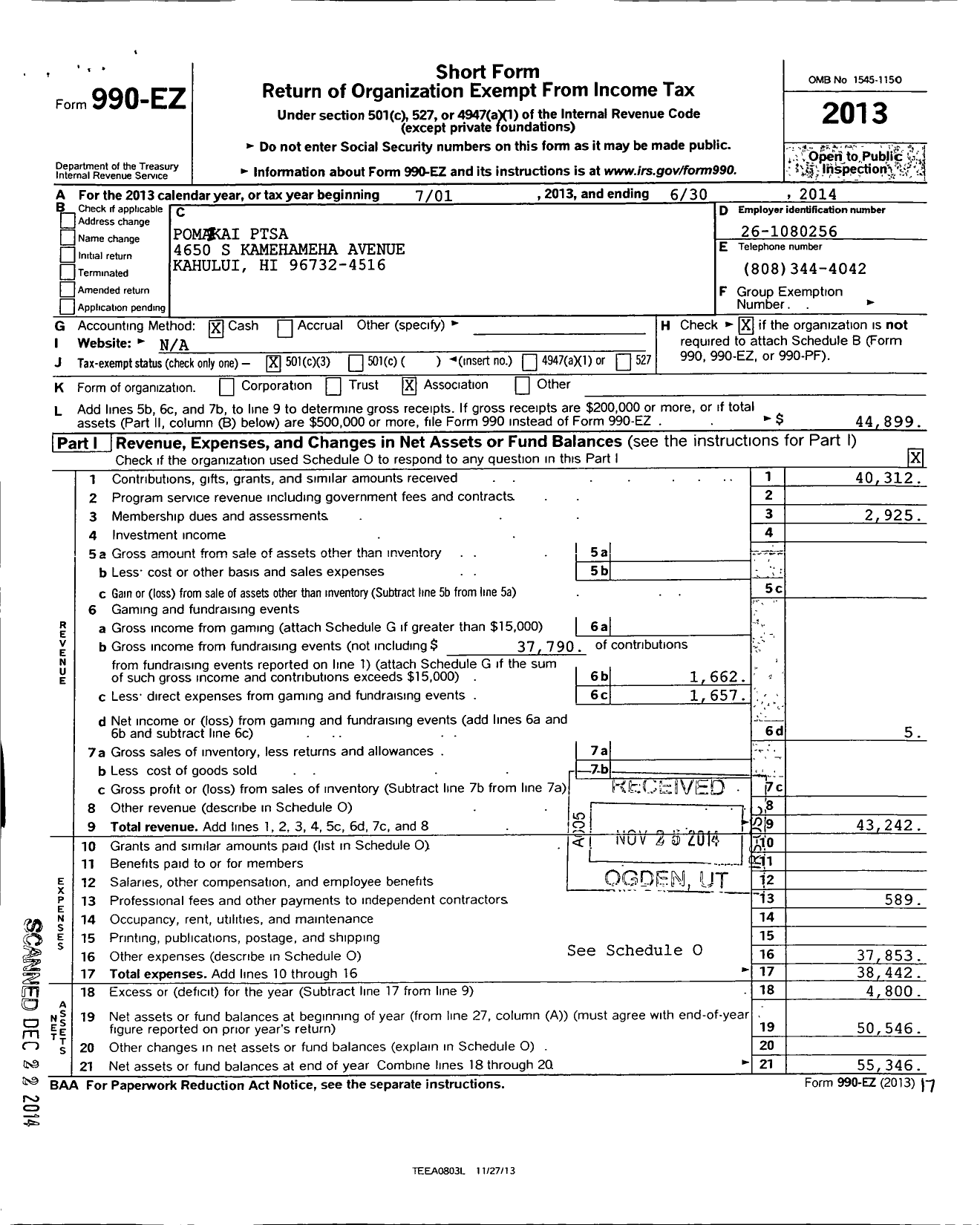 Image of first page of 2013 Form 990EZ for PTA Hawaii Congress / Pomaikai Elementary School Ptsa