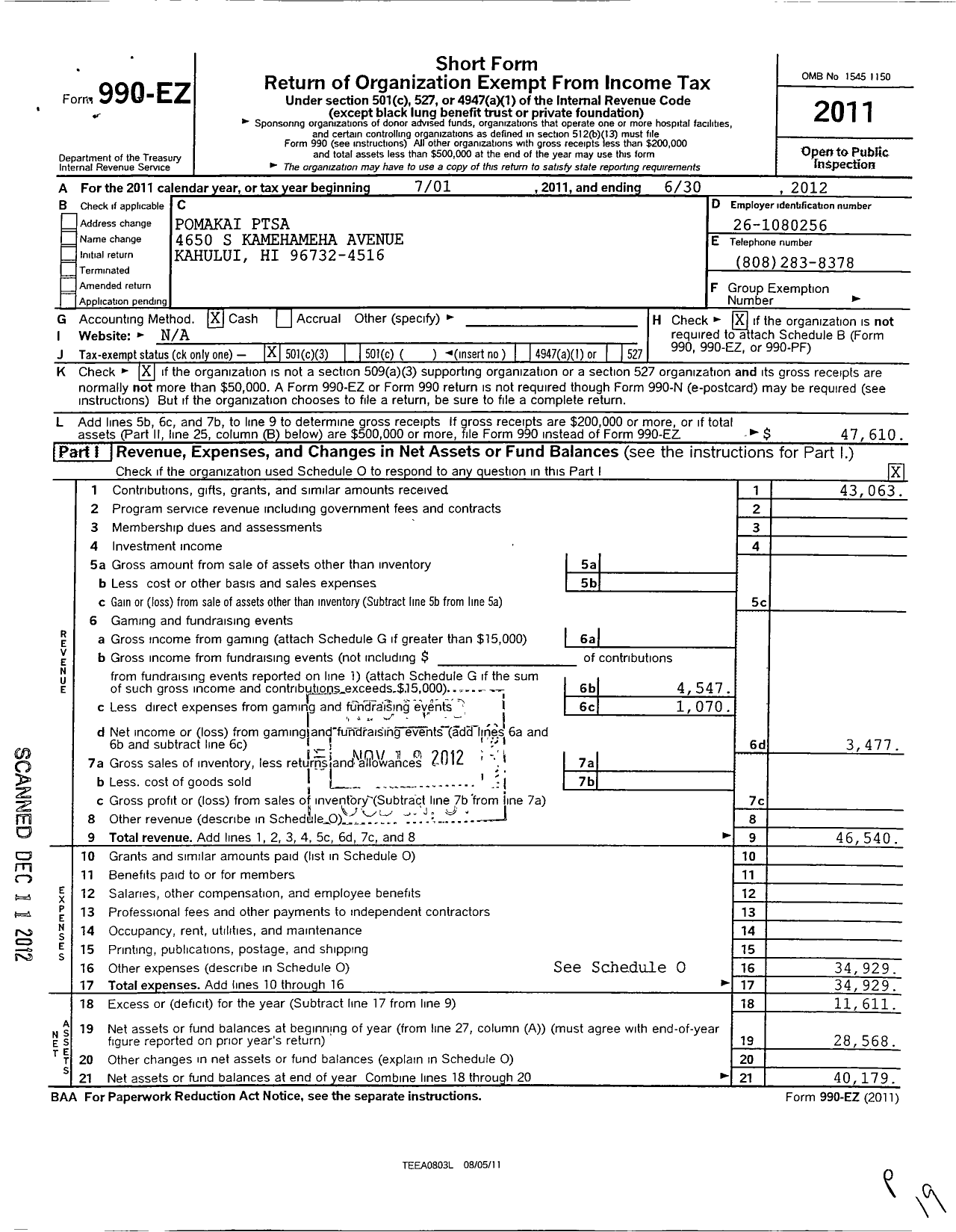 Image of first page of 2011 Form 990EZ for PTA Hawaii Congress / Pomaikai Elementary School Ptsa