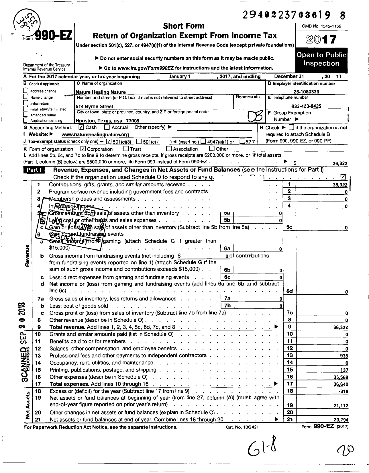 Image of first page of 2017 Form 990EZ for Nature Healing Nature