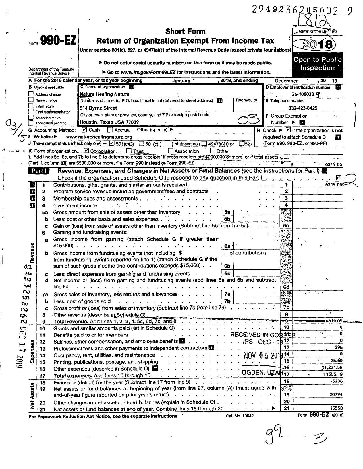 Image of first page of 2018 Form 990EZ for Nature Healing Nature