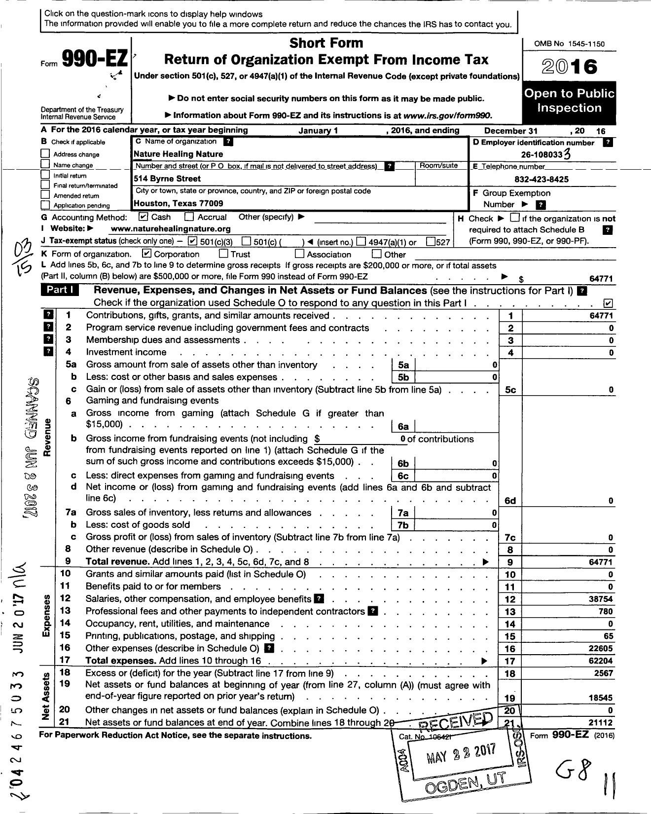 Image of first page of 2016 Form 990EZ for Nature Healing Nature