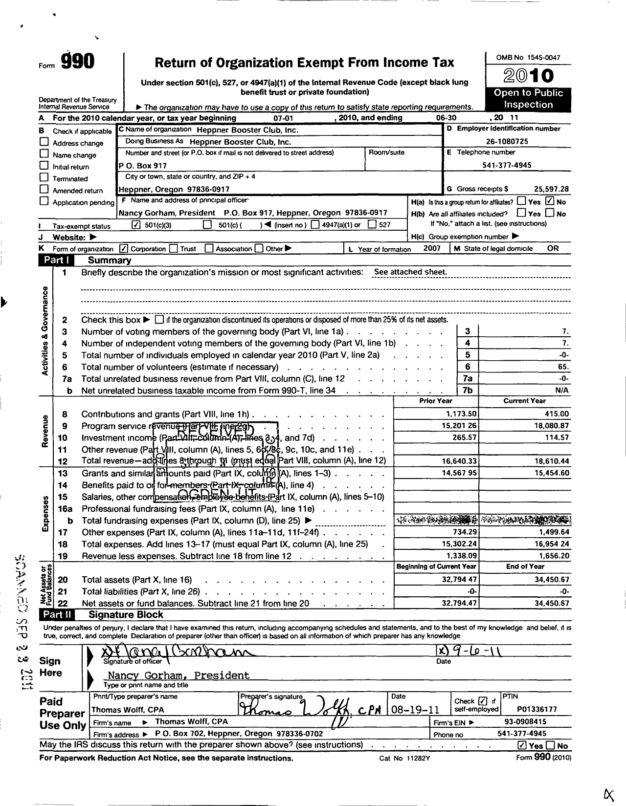 Image of first page of 2010 Form 990 for Heppner Booster Club