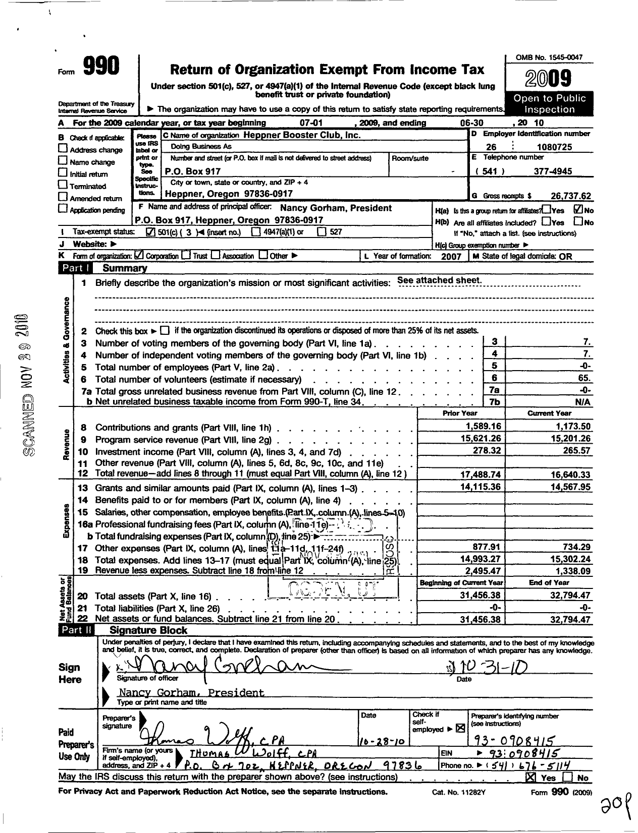 Image of first page of 2009 Form 990 for Heppner Booster Club