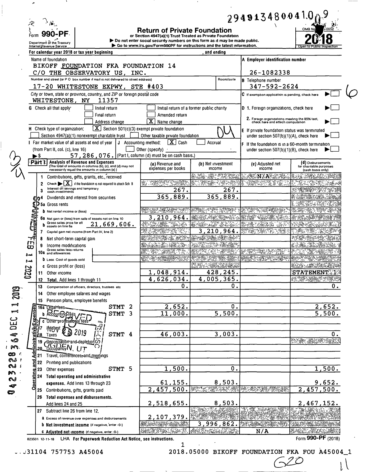 Image of first page of 2018 Form 990PF for Bikoff Foundation