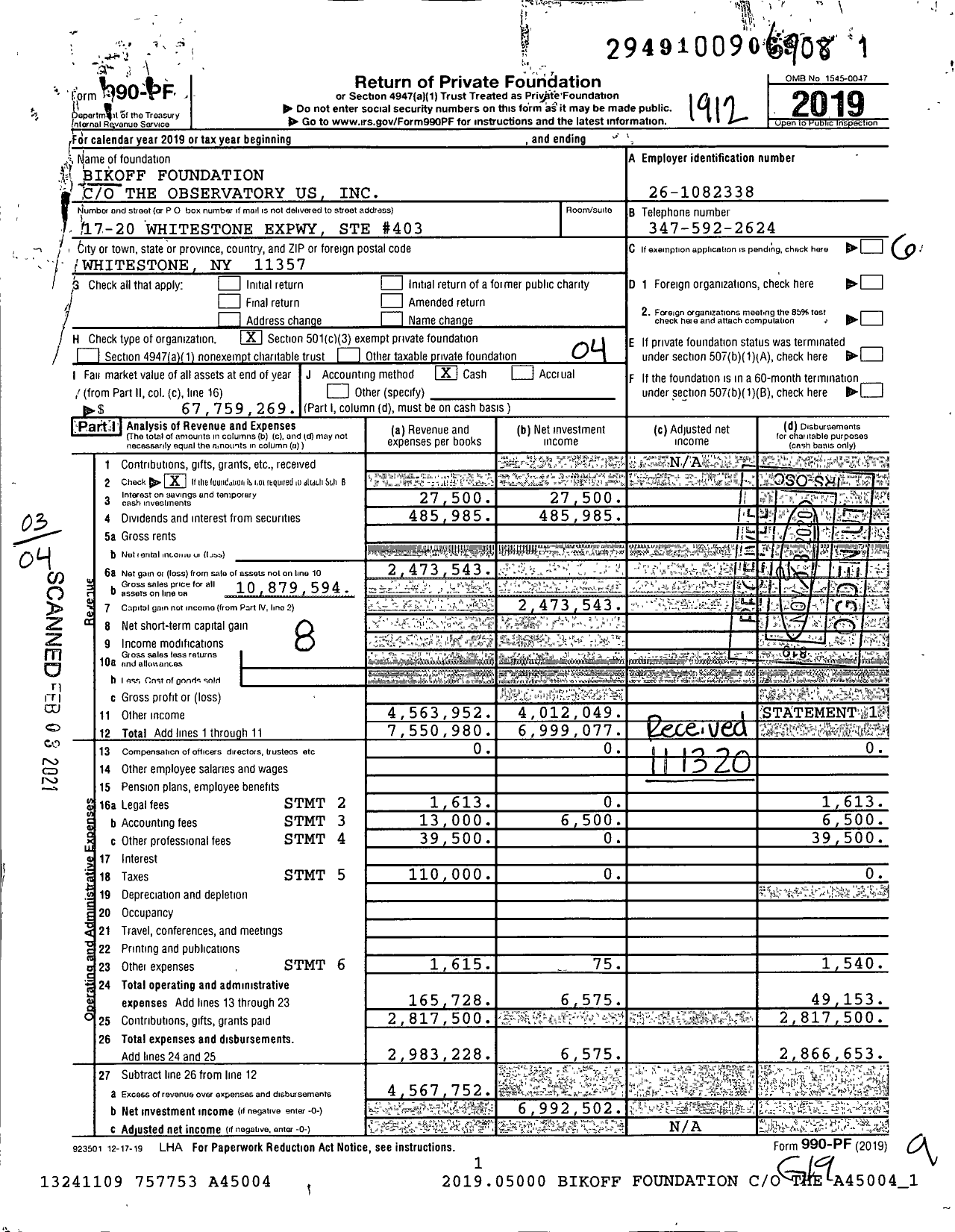 Image of first page of 2019 Form 990PF for Bikoff Foundation