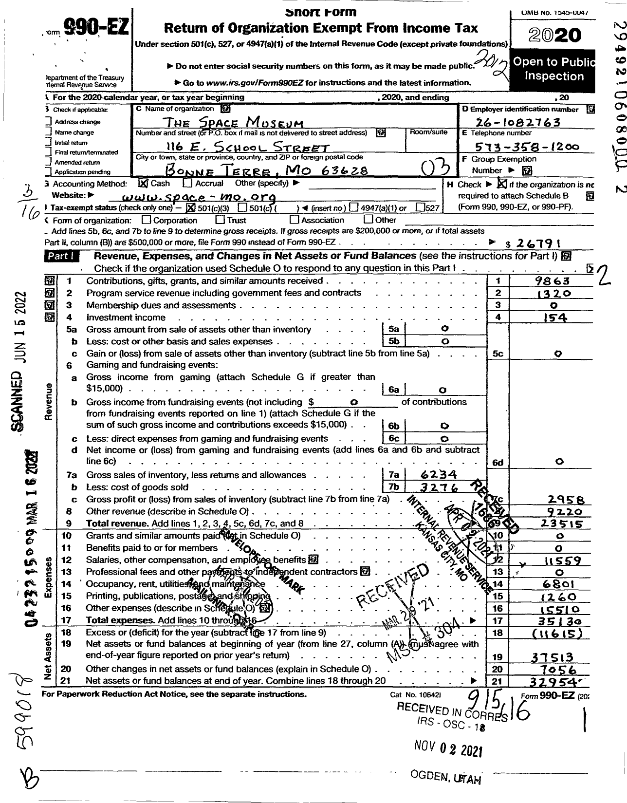Image of first page of 2020 Form 990EZ for The Space Museum