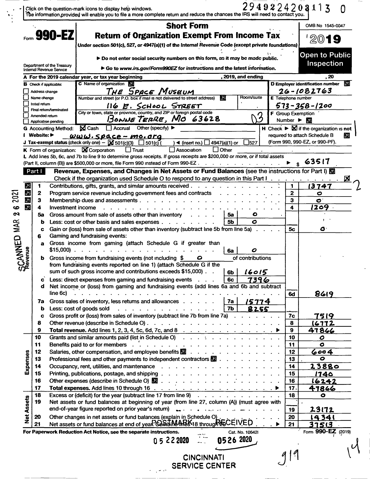 Image of first page of 2019 Form 990EZ for The Space Museum