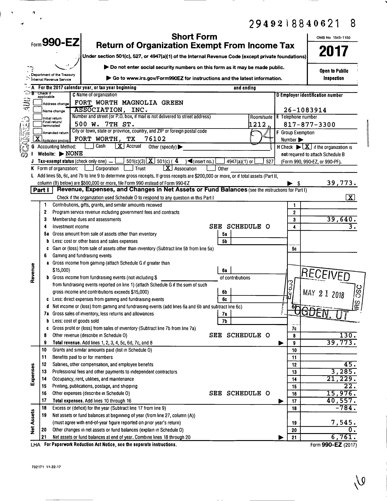 Image of first page of 2017 Form 990EO for Fort Worth Magnolia Green Association