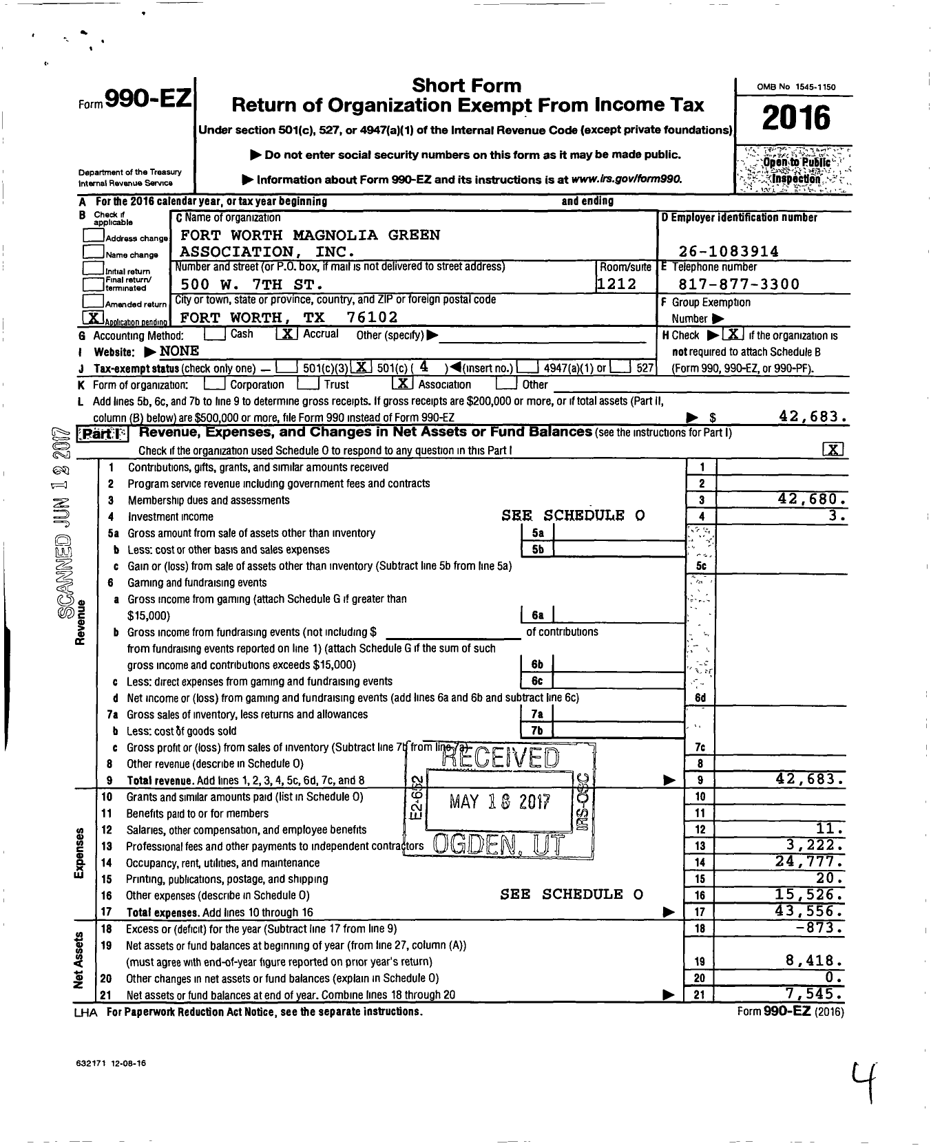 Image of first page of 2016 Form 990EO for Fort Worth Magnolia Green Association