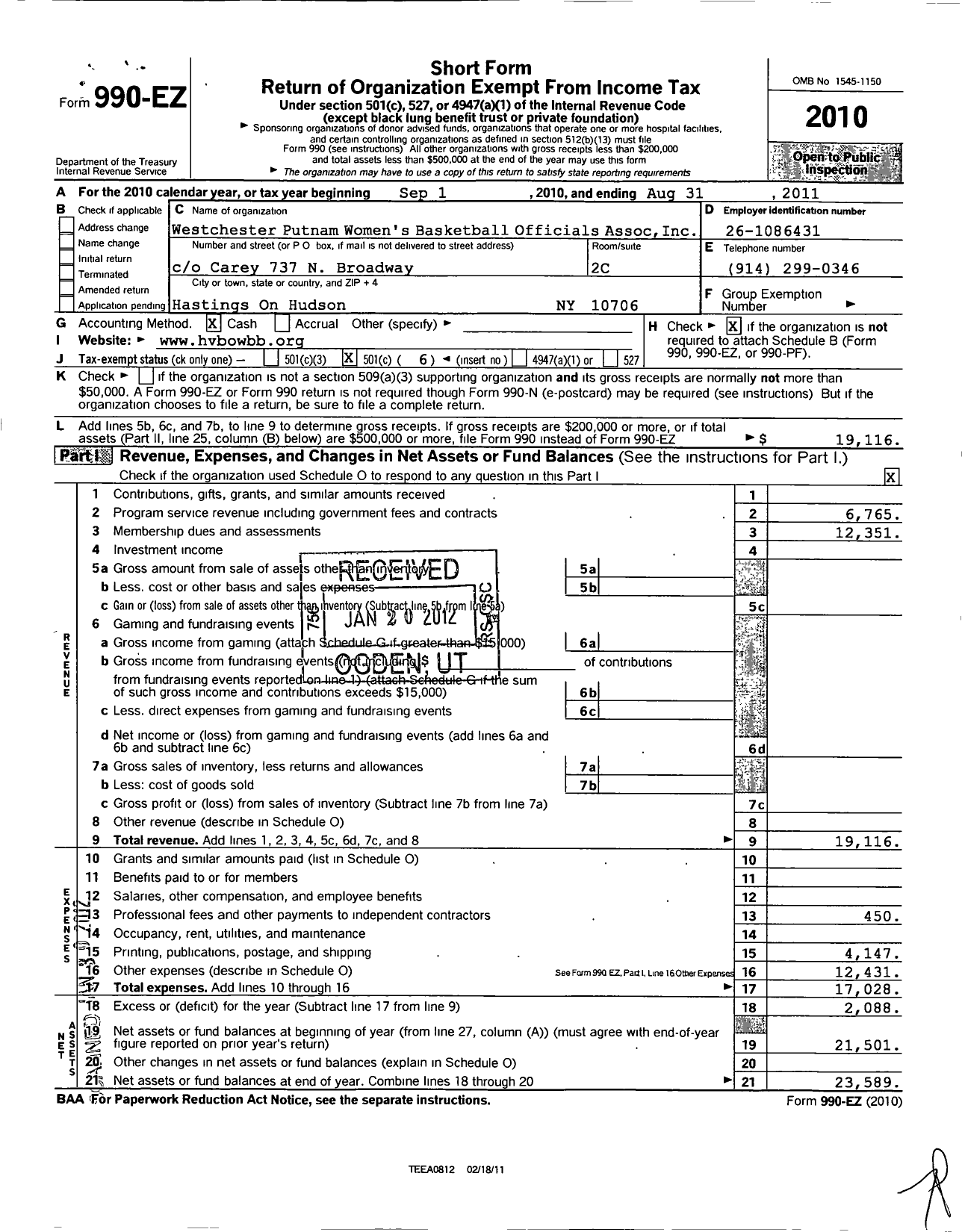 Image of first page of 2010 Form 990EO for Westchester Putnam Womens Basketball Officials Association I