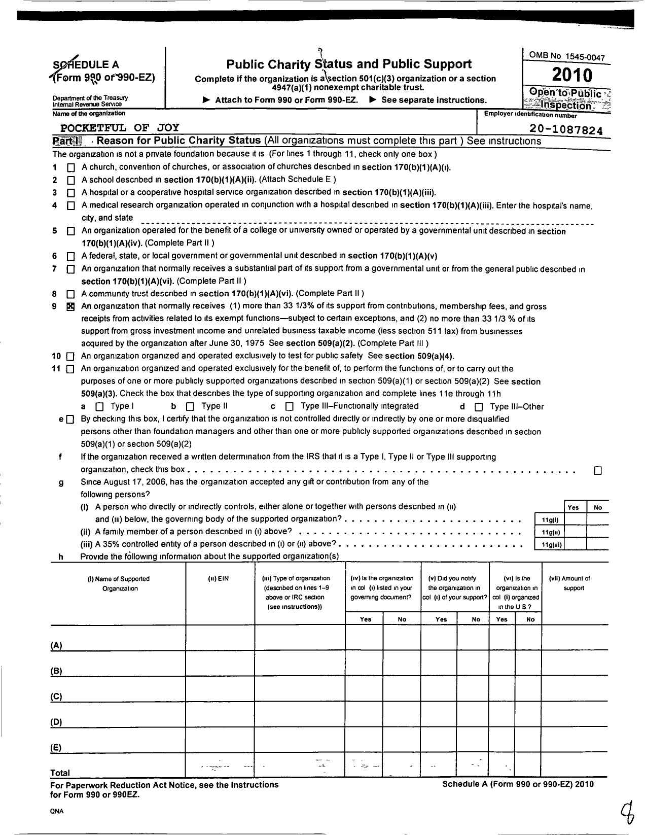 Image of first page of 2010 Form 990ER for Pocketful of Joy