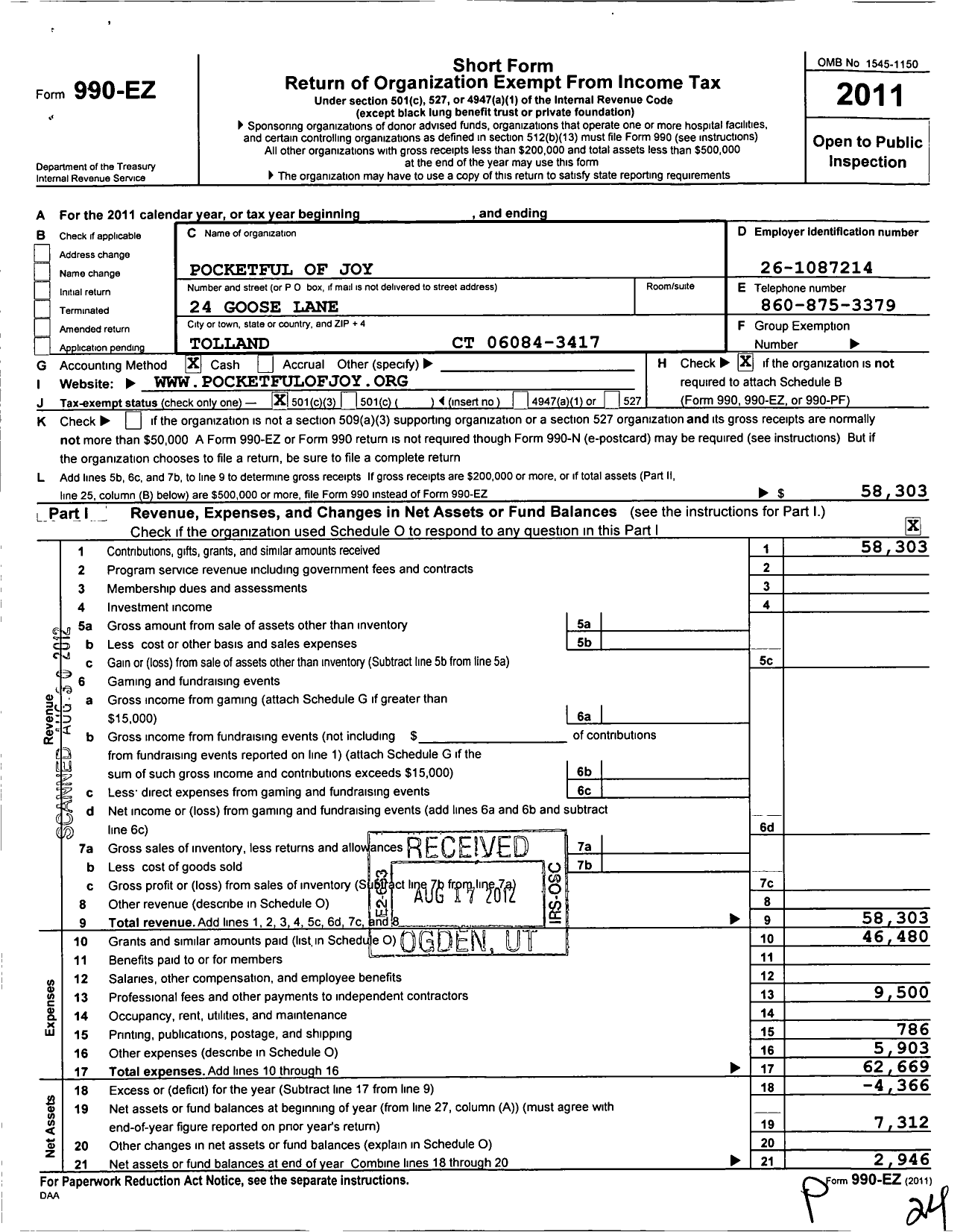 Image of first page of 2011 Form 990EZ for Pocketful of Joy