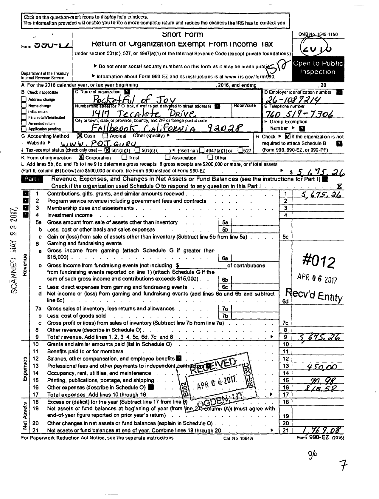 Image of first page of 2015 Form 990EZ for Pocketful of Joy