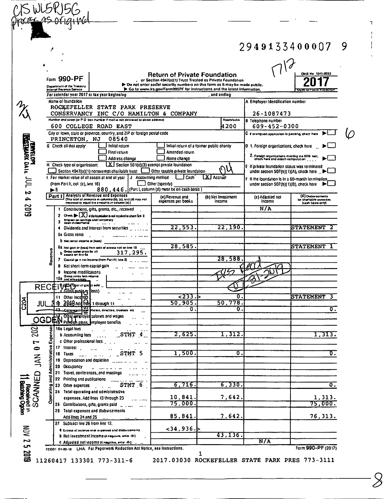 Image of first page of 2017 Form 990PF for Rockefeller State Park Preserve Conservancy