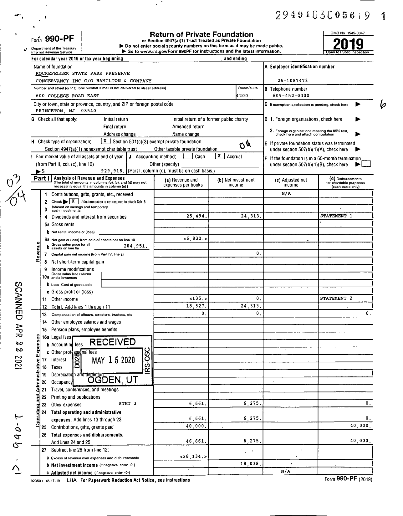 Image of first page of 2019 Form 990PF for Rockefeller State Park Preserve Conservancy