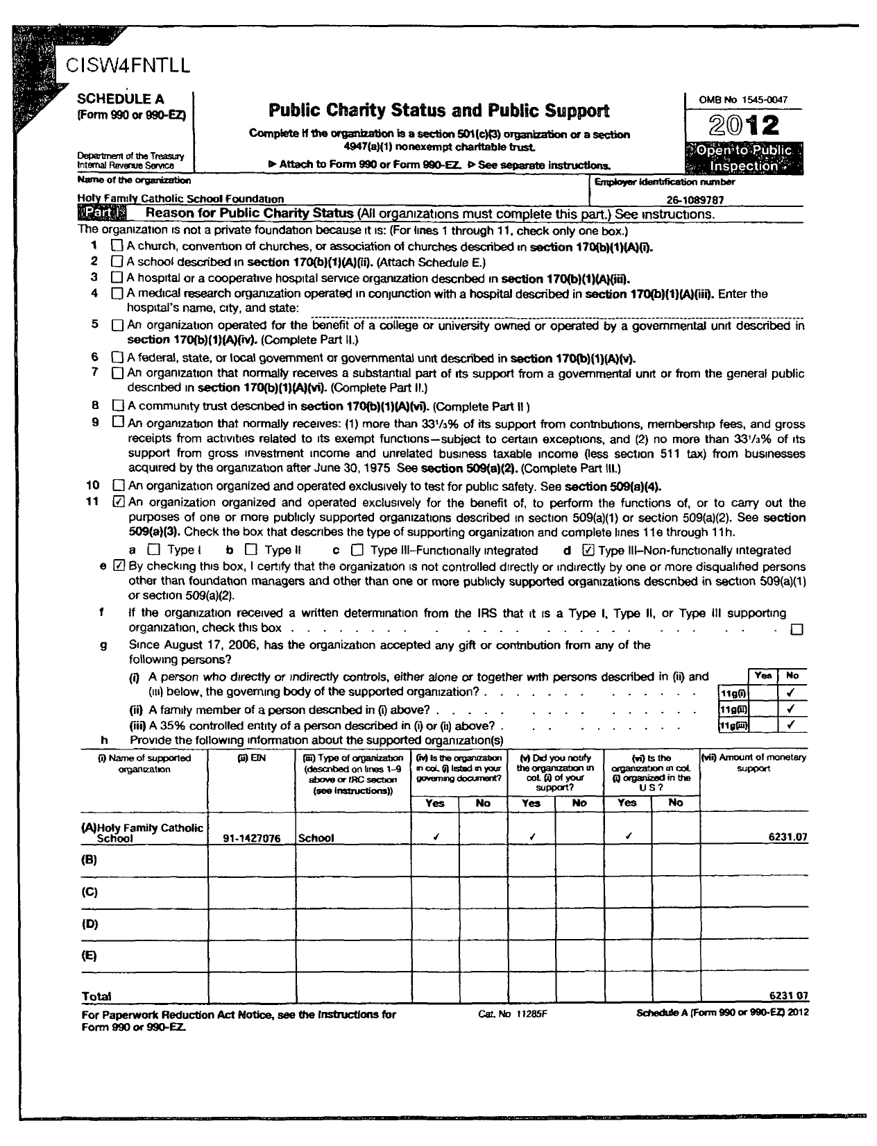 Image of first page of 2011 Form 990ER for Holy Family Catholic School Foundation