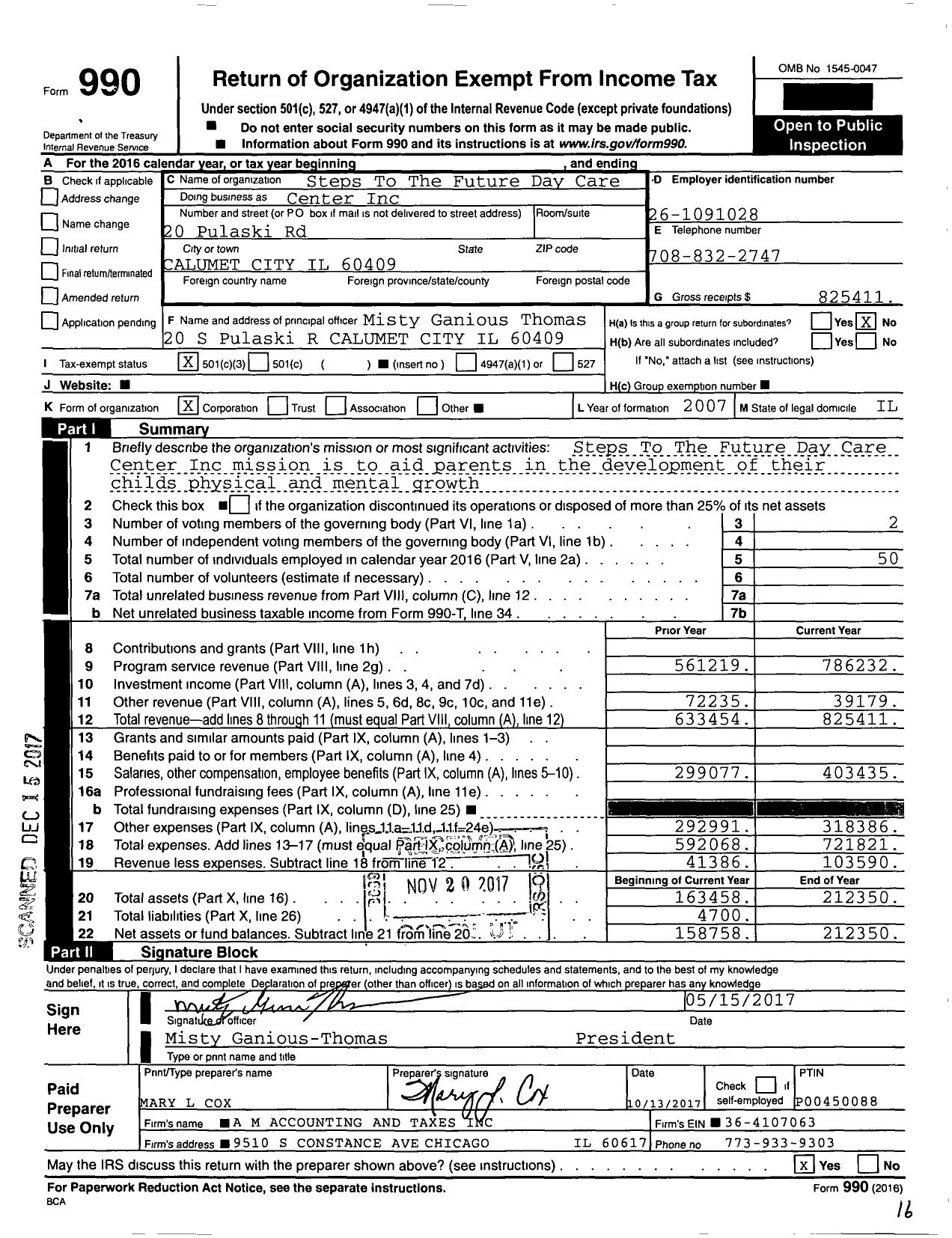 Image of first page of 2016 Form 990 for Steps to the Future Daycare and Learning Center