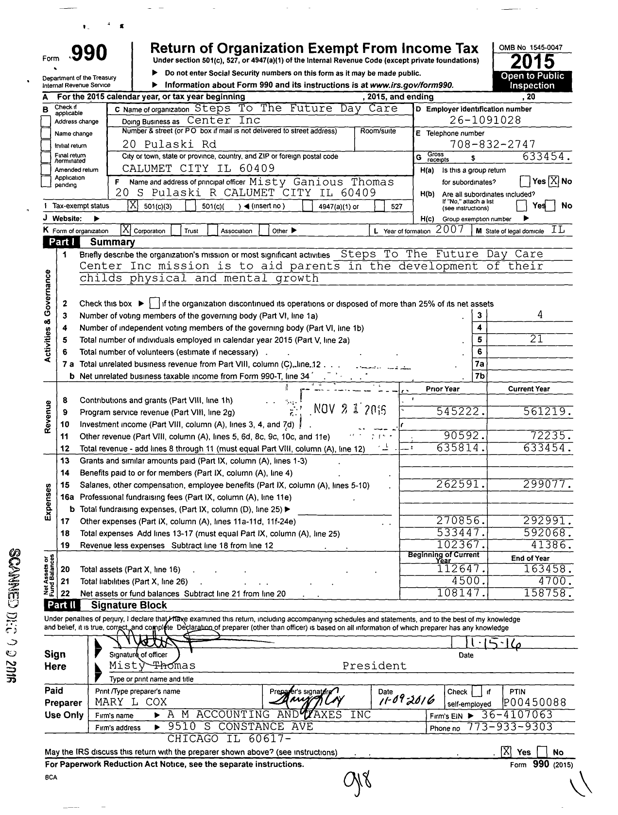 Image of first page of 2015 Form 990 for Steps to the Future Daycare and Learning Center