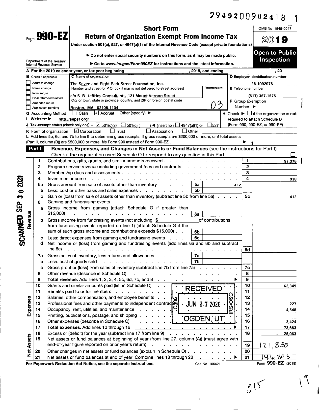 Image of first page of 2019 Form 990EZ for The SEVEN AND EIGHT PARK STREET FOUNDATION