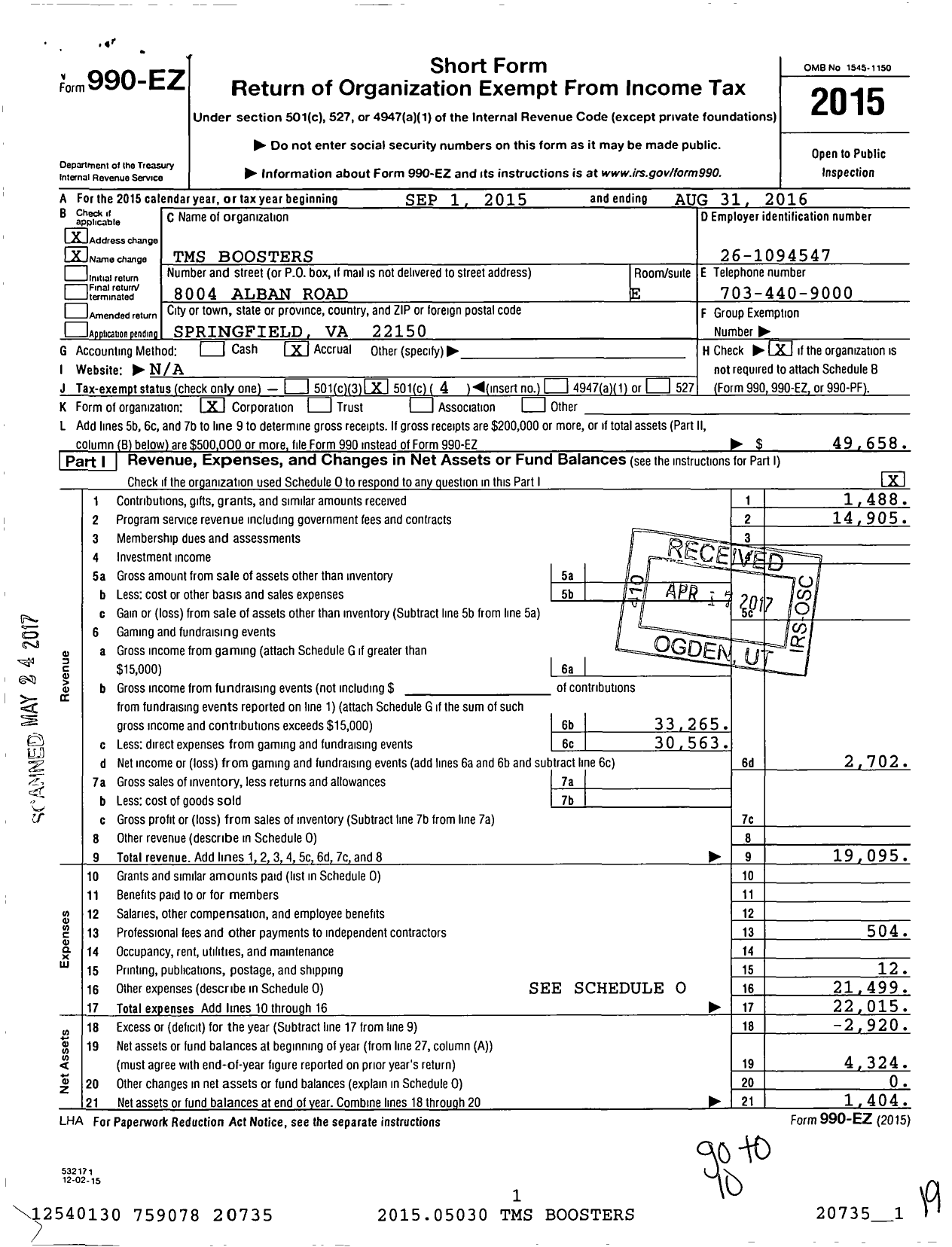 Image of first page of 2015 Form 990EO for TMS Boosters