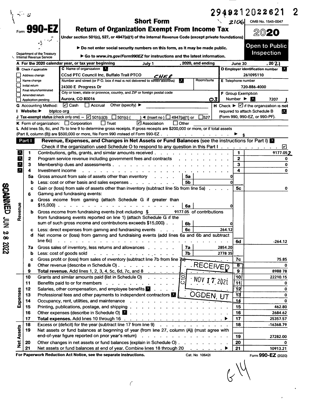 Image of first page of 2020 Form 990EZ for Cherry Creek School District Parent Teacher Community Council / Buffalo Trail Elementary Pto