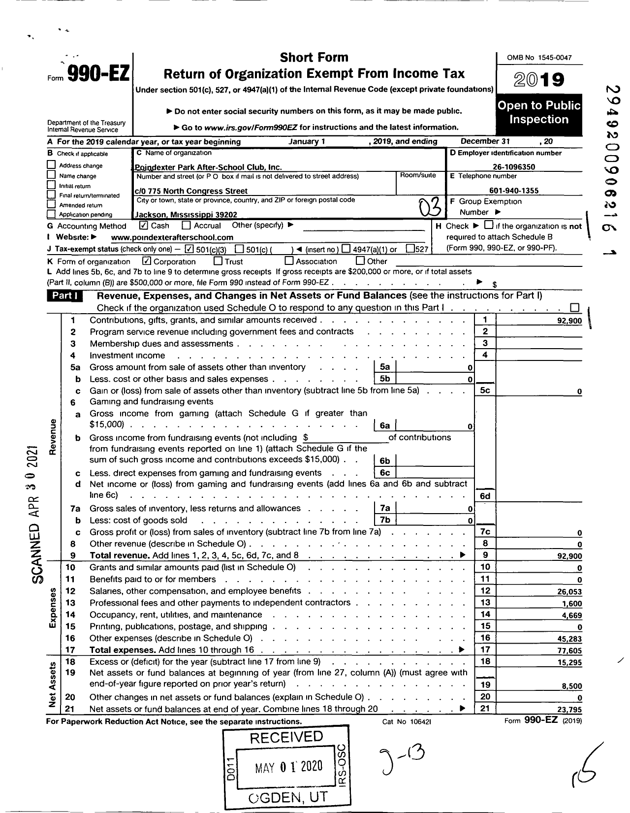 Image of first page of 2019 Form 990EZ for Poindexter Park After School Club