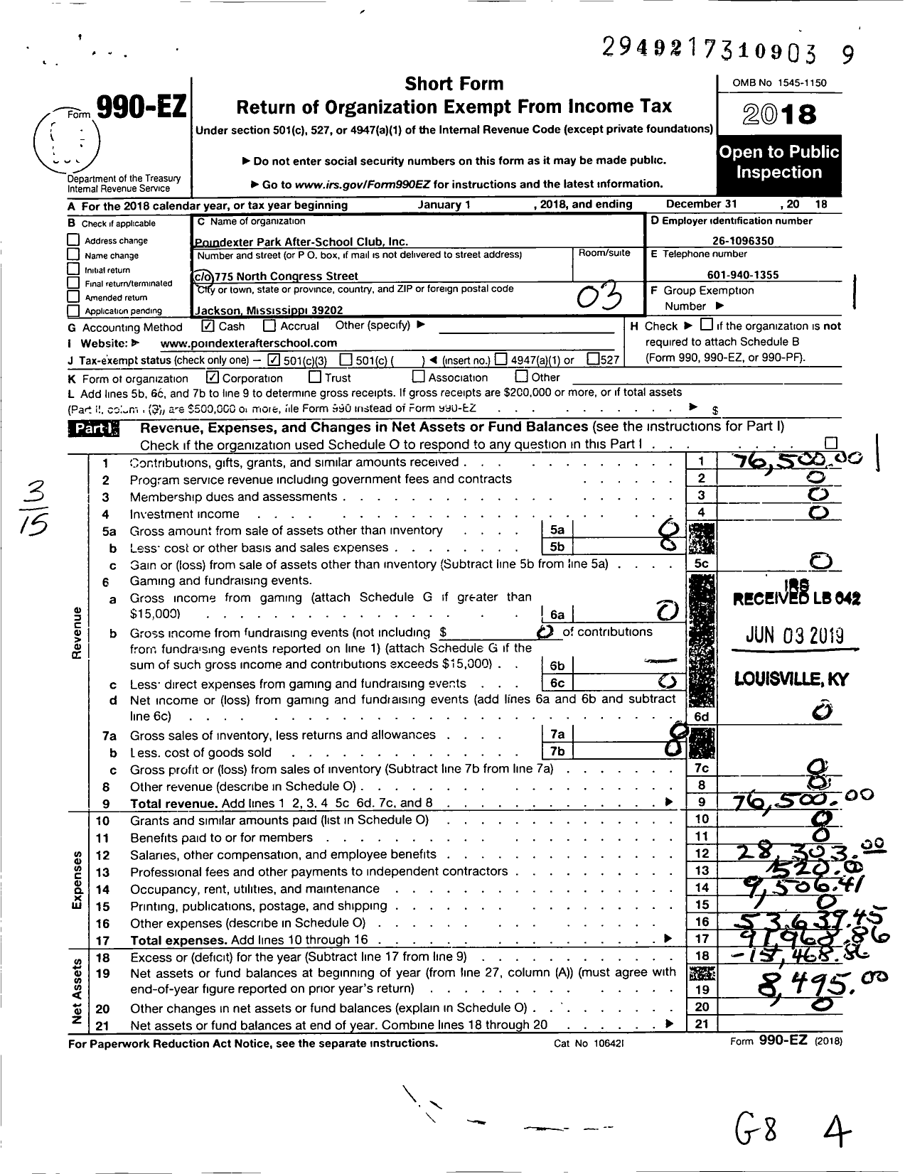 Image of first page of 2018 Form 990EZ for Poindexter Park After School Club