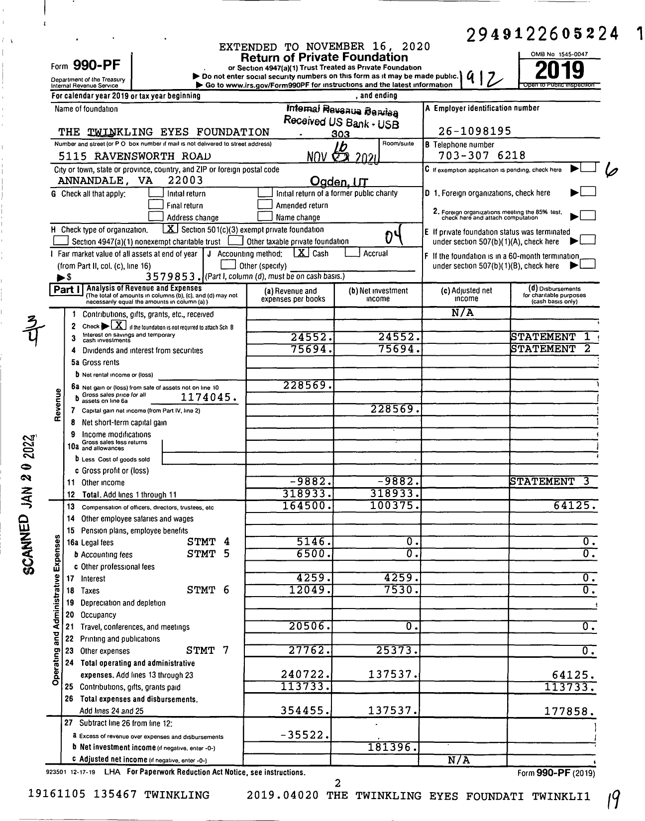 Image of first page of 2019 Form 990PF for The Twinkling Eyes Foundation