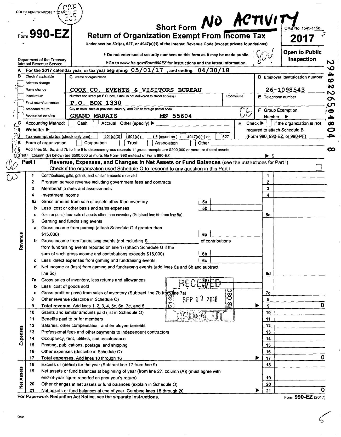 Image of first page of 2017 Form 990EO for Cook Events and Visitors Bureau