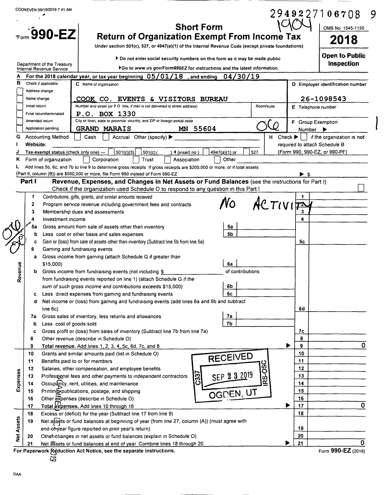 Image of first page of 2018 Form 990EO for Cook Events and Visitors Bureau