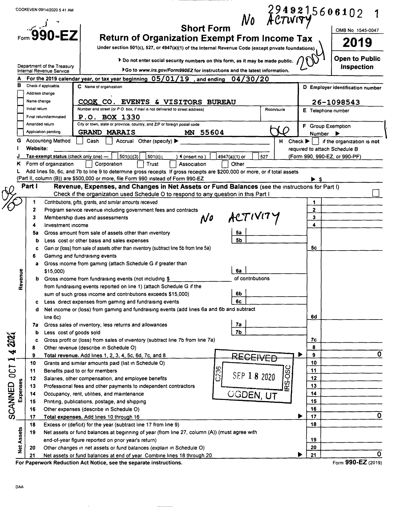 Image of first page of 2019 Form 990EO for Cook Events and Visitors Bureau