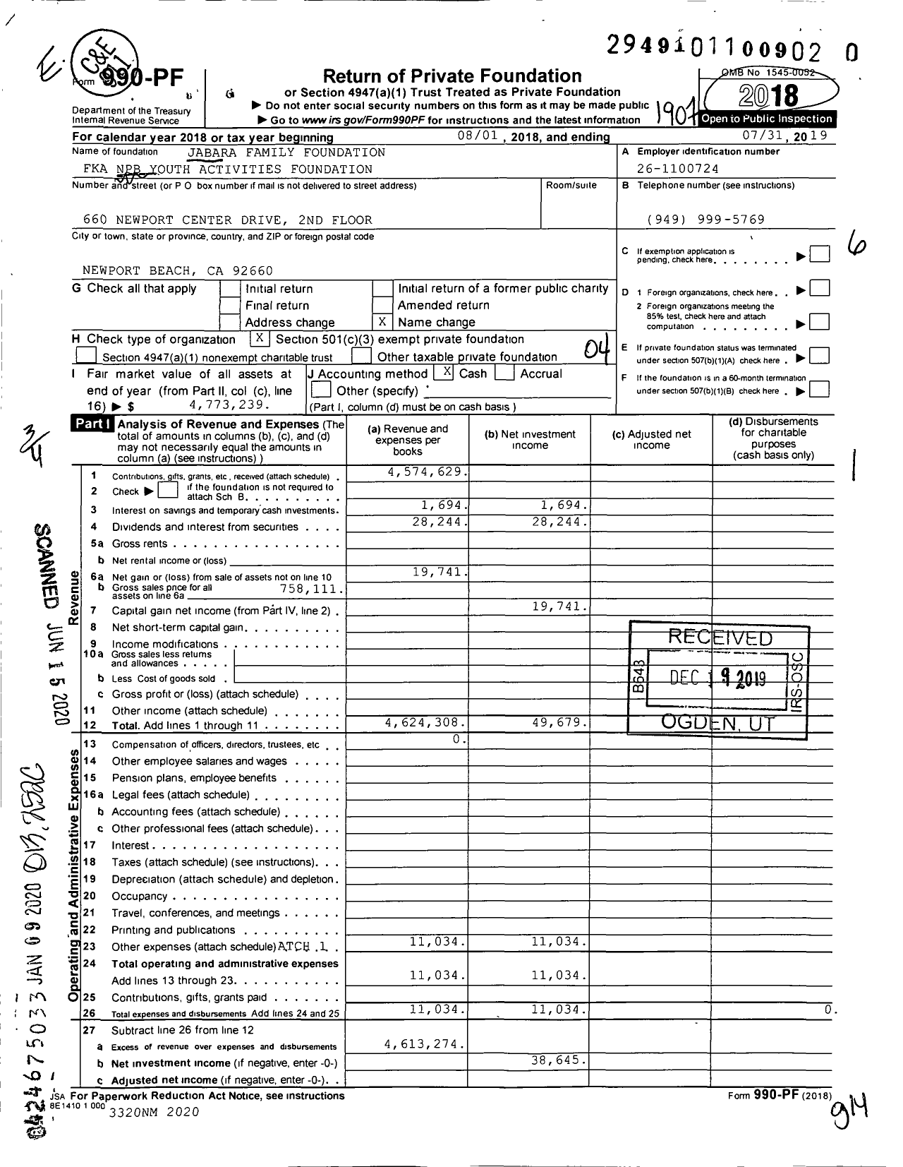 Image of first page of 2018 Form 990PR for Jabara Family Foundation