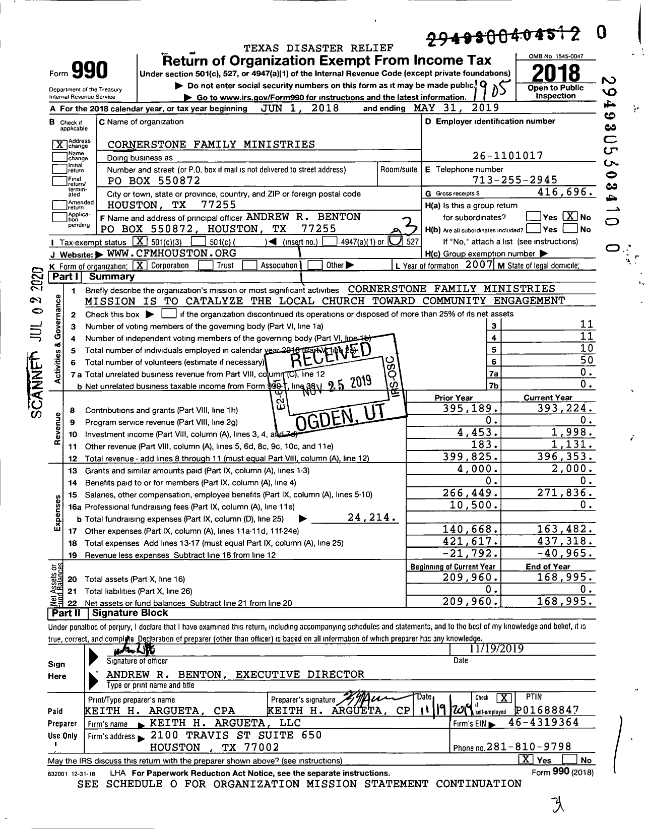 Image of first page of 2018 Form 990 for Cornerstone Family Ministries