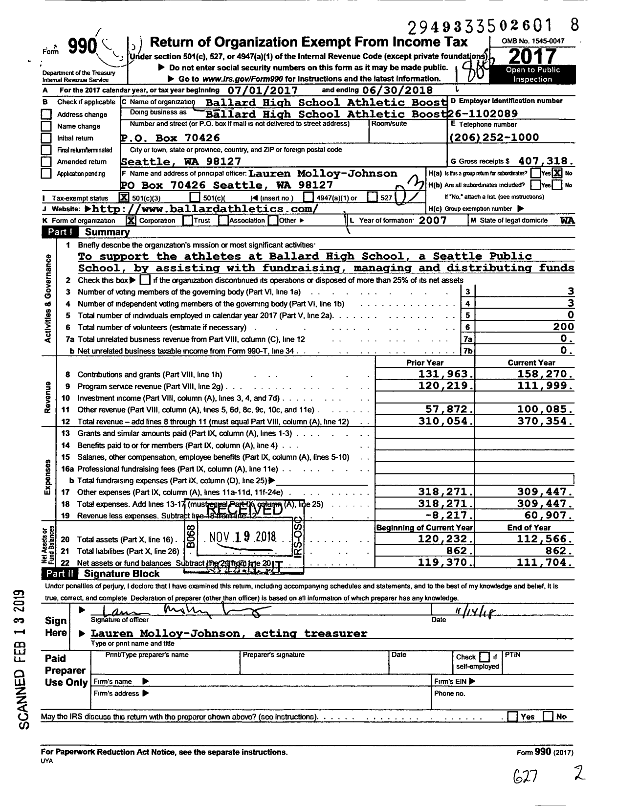 Image of first page of 2017 Form 990 for Ballard High School Athletic Booster Club