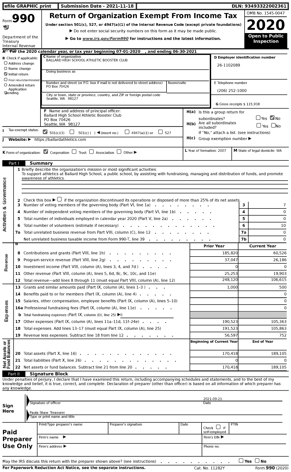 Image of first page of 2020 Form 990 for Ballard High School Athletic Booster Club