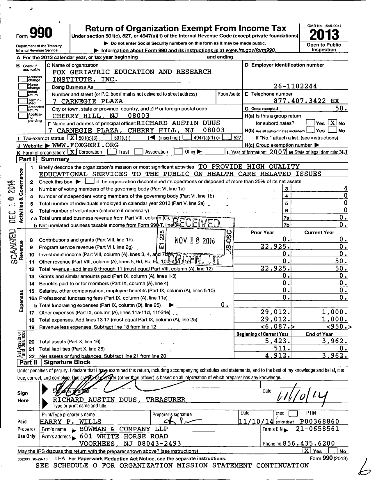 Image of first page of 2013 Form 990 for Fox Geriatric Education and Research Institute