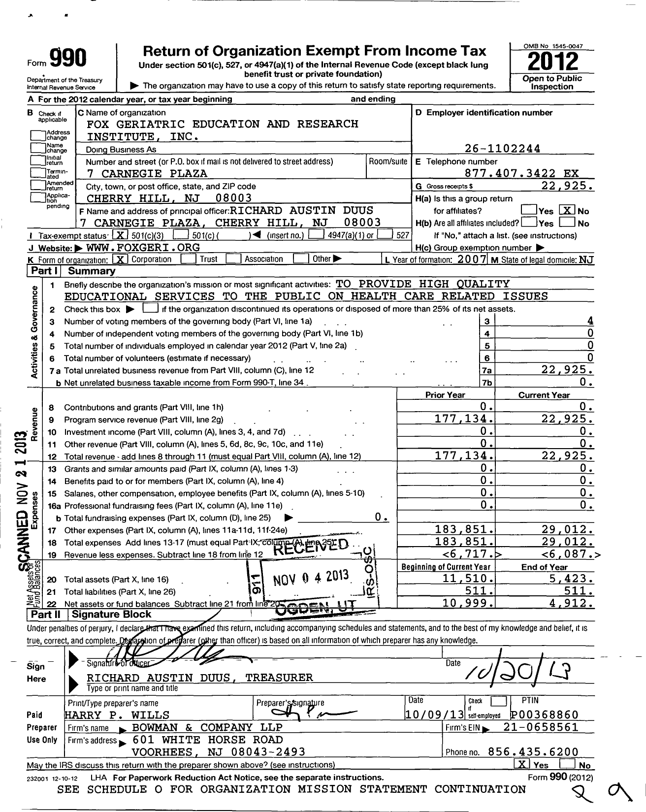 Image of first page of 2012 Form 990 for Fox Geriatric Education and Research Institute