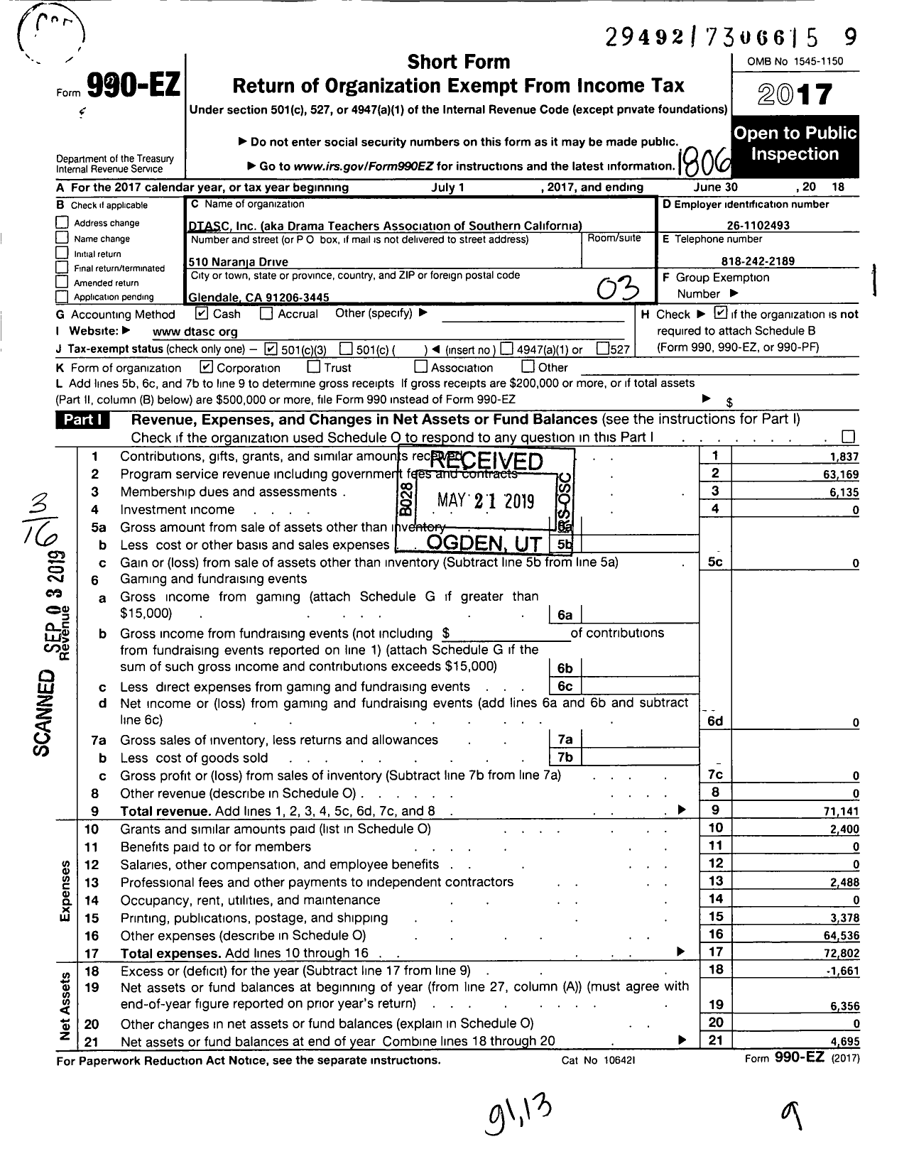 Image of first page of 2017 Form 990EZ for Drama Teachers Association of Southern California (DTASC)